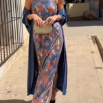 Riviera Unique Print Slit Tank Midi Dress and Satin Kimono Cover-up Two Pieces Set