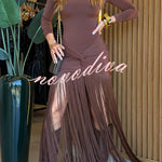 Kyra Shoulder Pads Long Sleeve Twist Design Tassel Hem Stretch Maxi Dress