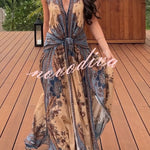 Chapel Linen Blend Floral Print Cutout Tie-up Waist Pocket Halter Backless Maxi Dress