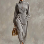 Exquisite Casual Lapel Front Zipper Long Sleeve Light Gray Waffle Fabric Maxi Dress
