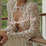 Easy Resort Knit Crochet Cutout Long Sleeve Reversible Vacation Maxi Dress