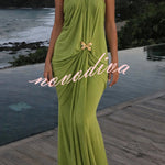 Touch of Drama Mesh Butterfly Metal Clips One Shoulder Backless Maxi Dress