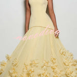 Serafina Strapless Back Lace-up Handcrafted Floral Appliqués Pleated Hem Gown Maxi Dress