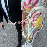 Jazlynn Satin Colorful Baroque Style Printed Short Sleeve Feather Trim Maxi Dress