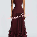 Serafina Strapless Back Lace-up Handcrafted Floral Appliqués Pleated Hem Gown Maxi Dress