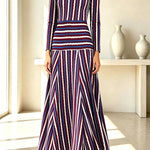 Luna Striped Round Neck Shoulder Pads Long Sleeve Fitted Waist Maxi Dress