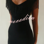 Solid Color V-neck Off-shoulder Slim-fit Tassel Midi Dress