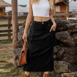 Zeagoo Women's Casual High Waist Denim Midi Skirt Drawstring Adjustable Long Jeans Skirt with Pockets