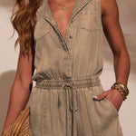 Stylish Collared Sleeveless Elastic Waist Tie Casual Pocket Denim Jumpsuit