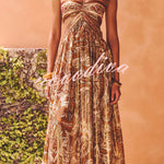 Bohemian Flair Chiffon Golden Paisley Print Cutout Halter Maxi Dress
