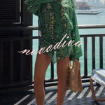 Sulena Linen Blend Ethnic Print Button Up Long Bell Sleeve Warp Tie-up Mini Dress