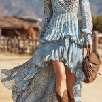 Unique Print V-Neck Long Sleeve Irregular Ruffle Maxi Dress