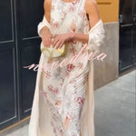 Riviera Unique Print Slit Tank Midi Dress and Satin Kimono Cover-up Two Pieces Set