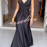 Glow Together Satin Knot Design Shoulder Strap Sleeveless Drape Slit Maxi Dress