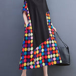 Loose Short Sleeves Multi-Colored Polka-Dot Split-Joint Round-Neck Midi Dresses