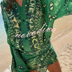 Sulena Linen Blend Ethnic Print Button Up Long Bell Sleeve Warp Tie-up Mini Dress