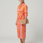 Leya | Long Sleeve Collared Wrap Stripe Pattern Midi Dress