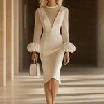 【24-hour shipping out】Elegant Classic Splicing Mesh Puff Sleeve Midi Dress