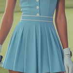 Elegant Sports White Button Detail Baby Blue Sleeveless Mini Dress