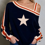 Casual Retro Navy Blue One-shoulder Color-blocked Five-pointed Star Sweater