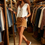 Western Retro Frayed Camel Denim Mini Skirt And Shorts