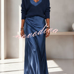 Velma Ribbed Knit V-neck Long Sleeve Relaxed Sweater and Satin Slip Midi Dress