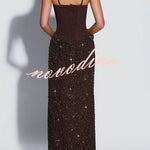 Yeona Square Neck Back Lace-up Sequin Embellished Drape Cowl Overlay Maxi Dress