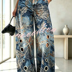 Faux Denim Unique Print Mid Rise Silver Stud Detail  Pocket Barrel Pants