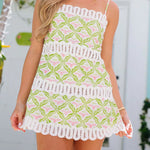 Summer Elegant Printed Curved Crochet Trim Slip H-line Mini Dress