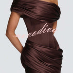 Ella Satin Detachable Asymmetric Off Shoulder Drape Panel Back Lace-up Maxi Dress