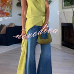 Misty Aura Satin Halter Tie-up Neck Open Back Drape Hem Top