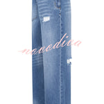 Street Style Denim Asymmetrical Pocket Design Mid Rise Distressed Wide Leg Jeans