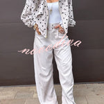 Kadence Polka Dot Zipper Lapel High Neck Drawstring Hem Sporty Jacket