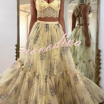 Vita Floral Satin Bow Lace Back Lace-up Crop Tank and Tulle High Rise A-line Maxi Skirt Set