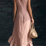 Linen Blend V-neck Sleeveless Ruffled Hem Casual Maxi Dress
