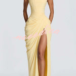 Cyra Back Lace-up Asymmetrical Pleats Strapless Slit Maxi Dress