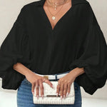 Stylish Polka Dot Print Collared Puff Sleeve Loose Shirt