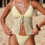 Solid Color Lace Backless Tie Two-piece Stretch Bikini Swimsuit