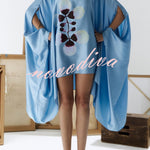 Luisa Satin Floral Print Pleated High-neck Batwing Cutout Sleeve Loose Mini Dress