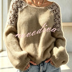 Faux Mink Knit Crochet Flowers Shoulder Wide Neck Long Sleeve Loose Sweater