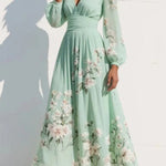Floral Print V-neck Long-sleeved Fitted Waist Casual Maxi Dress
