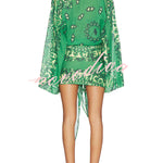 Sulena Linen Blend Ethnic Print Button Up Long Bell Sleeve Warp Tie-up Mini Dress