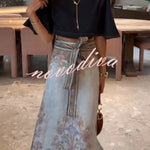 Next Vacation Denim Mock Neck Short Flutter Sleeves Crop Top