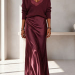 Velma Ribbed Knit V-neck Long Sleeve Relaxed Sweater and Satin Slip Midi Dress