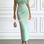 Sheer High-Neck Ruffle Sleeve Back Tie-up Top and Slip Ruched Midi Dress Two Pieces Set