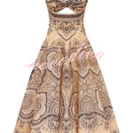 Luna Linen Blend Paisley Print Twist Back Smocked Pocket Slip Midi Dress