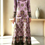 Cecilia Satin Colorful Baroque Style Printed Long Sleeve Feather Trim Maxi Dress