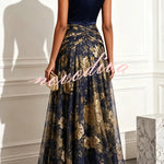 Prairie Satin High Neck Metallic Butterfly Detail Floral Tulle Hem Maxi Dress