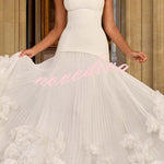 Serafina Strapless Back Lace-up Handcrafted Floral Appliqués Pleated Hem Gown Maxi Dress
