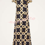 Annalisa Satin Court Style Contrast Color Printed Short Sleeve Pocket Feather Trim Maxi Dress